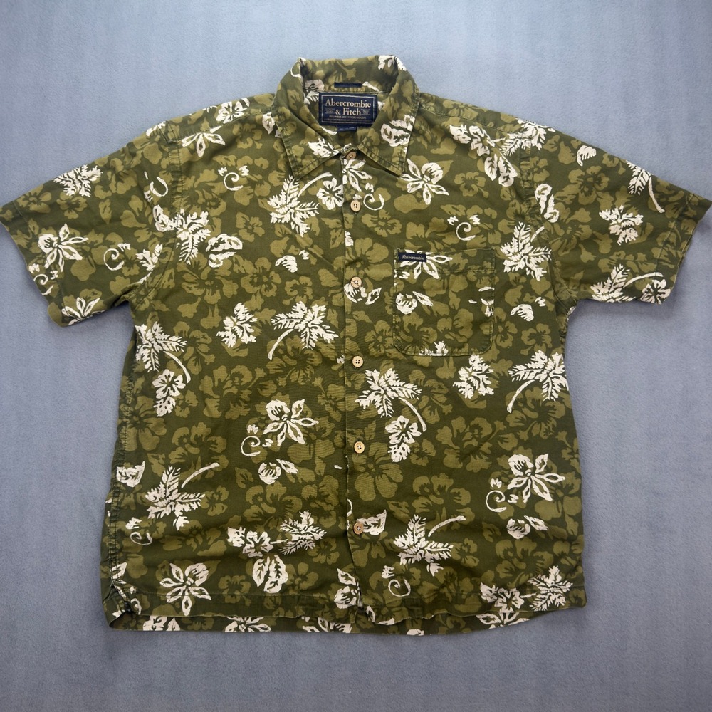 Abercrombie & Fitch Hawaiian Shirt Mens Medium Olive‎ Green Floral Button Down